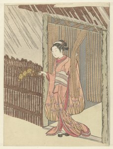 Chica con una rama de yamabuki en las manos. de Suzuki Harunobu