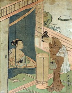 Madre e hijo detrás de una mosquitera, obra de Harunobu Suzuki, diseñador japonés de grabados en madera de estilo Ukiyo-e. de Suzuki Harunobu