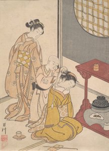 Lluvia Nocturna en el Estante Doble, de la serie Ocho Vistas del Salón Zashiki hakk..., ca. 1766 de Suzuki Harunobu