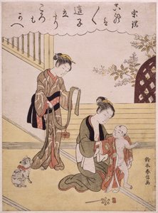 Una madre vistiendo a su hijo con un kimono de Suzuki Harunobu