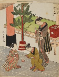 La bella Osen de la casa de té Kagi-ya, preparativos de Año Nuevo de Suzuki Harunobu