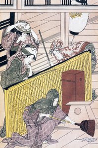 Sirviente persiguiendo ratones en la casa de Suzuki Harunobu