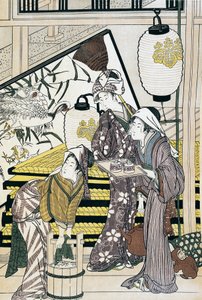 Sirvientes trabajando en casa, impresión de arte ukiyo-e por Suzuki Harunobu (1725-1770), xilografía, civilización japonesa, período Edo de Suzuki Harunobu
