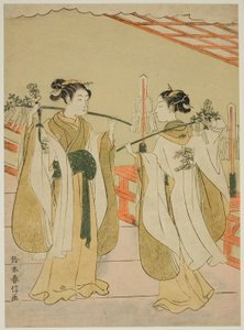Doncellas del santuario Onami y Ohatsu bailando en el santuario Yushima Tenjin