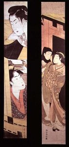 La cita: dos amantes en una puerta, c.1768 (grabado en madera a color) de Suzuki Harunobu