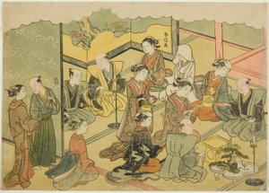 El sake ceremonial (Konrei sakazuki), la cuarta hoja de la serie "Matrimonio en impresiones de brocado, el carruaje de la mujer virtuosa (Konrei nishiki misao-guruma)" de Suzuki Harunobu