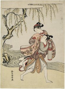 La fuga (parodia del episodio de Akutagawa de "Cuentos de Ise") de Suzuki Harunobu