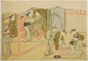 El Primer Parto (Uizan), la séptima hoja de la serie "Matrimonio en Impresiones de Brocado, el Carro de la Mujer Virtuosa (Konrei nishiki misao-guruma)"