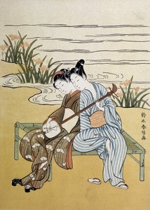 El shamisen: pareja tocando shamisen (o samisen: laúd de tres cuerdas con manga larga) - por Harunobou, en “Japón artístico”, julio de 1890 de Suzuki Harunobu