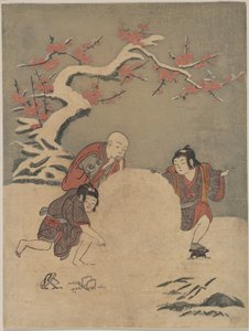 Tres niños haciendo un muñeco de nieve de Suzuki Harunobu