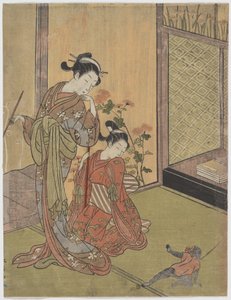 Dos niñas mirando a un mono con correa de Suzuki Harunobu