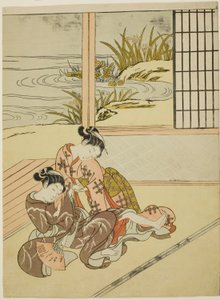 Dos mujeres luchando por un abanico de Suzuki Harunobu