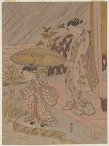 Contemplando lirios bajo la lluvia de Suzuki Harunobu