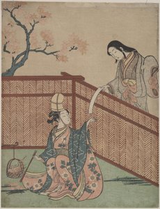 Calentar el sake junto al fuego de Maple Leaf de Suzuki Harunobu