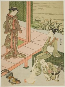 Observando una pelea de gallos al borde de la veranda de Suzuki Harunobu