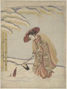 Mujer desenterrando brotes de bambú en la nieve, o parodia de Meng Zong (Mōsō), de los Veinticuatro modelos de piedad filial de Suzuki Harunobu