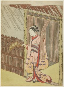 Mujer sosteniendo una rama de flores de Kerria bajo la lluvia (parodia de Ota Dokan) de Suzuki Harunobu