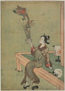 Mujer comparada con un ermitaño chino que maneja un dragón de Suzuki Harunobu
