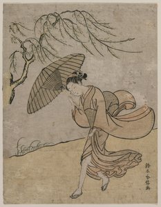Mujer corriendo junto a un sauce en una brisa, 1766 o 1767 de Suzuki Harunobu