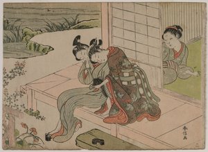 Mujer observando a una pareja joven abrazarse en una veranda, finales de 1760