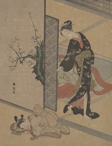 Joven dama mirando a través de la puerta a su pequeña sirvienta Kamuro que duerme en el suelo de Suzuki Harunobu