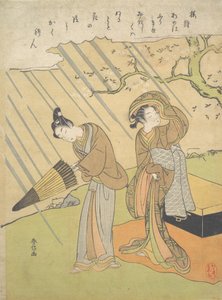 Joven y mujer atrapados en la lluvia mientras disfrutan de los cerezos en flor Sakura-gari..., ca. 1768-70 de Suzuki Harunobu