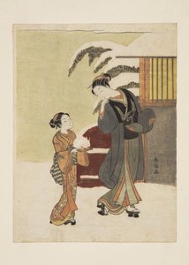 Joven mujer admirando un conejo de nieve (grabado en madera a color) de Suzuki Harunobu
