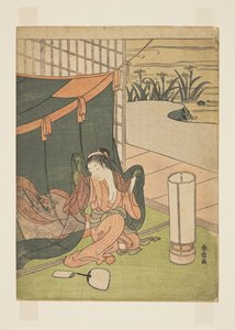 Joven mujer emergiendo de la mosquitera de Suzuki Harunobu