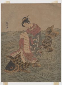 Joven montada en una carpa de Suzuki Harunobu