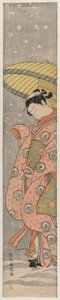 Young Woman Standing Under an Umbrella in the Snow de Suzuki Harunobu