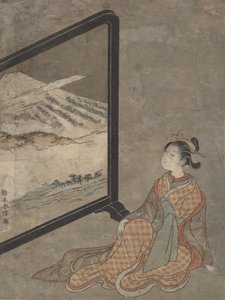 Joven mujer con una pipa en la mano mirando el paisaje pintado en una pantalla de Suzuki Harunobu