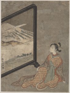 Joven con una pipa en la mano contemplando un paisaje pintado en un biombo de Suzuki Harunobu