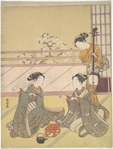 Jóvenes jugando al kitsune-ken (juego del zorro) de Suzuki Harunobu