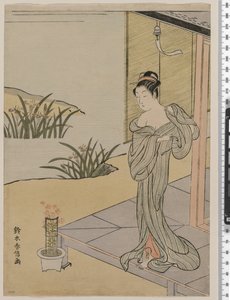 Joven mujer mirando una maceta de claveles, c.1767 de Suzuki Harunobu