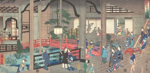 El interior de la casa de té Gankiro en Yokohama, abril de 1861 de Suzuki Hiroshige