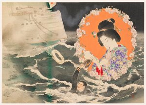 Ilustración del frontispicio (kuchi-e) para el volumen 1 de la novela Asahizakura de Murai Gensai