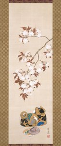 Cherries And Dog-Shaped Box (tinta, color y oro sobre seda) de Suzuki Kiitsu