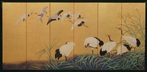 Pantalla de seis pliegues que representa juncos y grullas, período Edo, japonés, siglo XIX