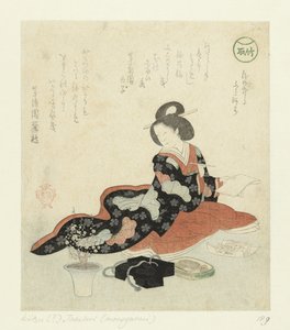Mujer escribe un poema La historia del cortador de bambú (título de la serie) Taketori Monogatari (título de la serie sobre el objeto) de Suzuki Kiitsu