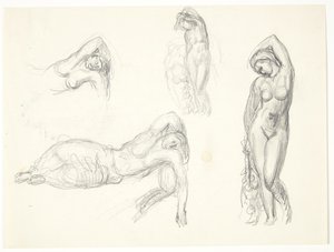 Hoja de Estudio con Cuatro Bocetos para las Figuras "Eva" y "Niña Durmiendo" de Svend Rathsack
