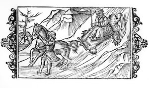 Caballo arrastrando en la nieve una piel de oso sobre la que se sienta un finlandés - en "De Gentibus septrionalibus" del Arzobispo Olaus Magnus, Suecia de Swedish School