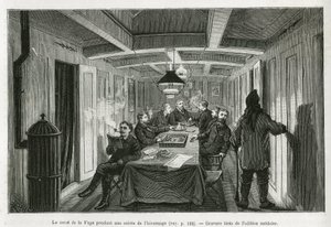La plaza de La Vega, durante una noche de invierno, y las actividades de la tripulación: lectura, juegos de ajedrez y backgammon, así como degustación de licores. Grabado de la edición sueca, ilustración de la historia “Viaje de la Vega alrededor de Asia y de Swedish School
