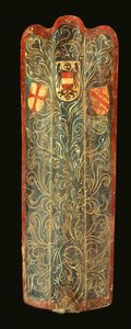 Un raro pavés suizo de madera cubierto con lienzo pintado de gesso con diseño de follaje verde en espiral y los escudos de armas de Habsburgo, la Liga de San Jorge y la ciudad de Winterthur, c.1445 de Swiss School