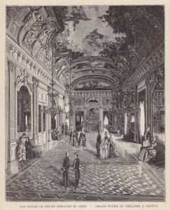 El vestíbulo en el nuevo teatro de Ginebra, Gran vestíbulo del teatro en Ginebra (grabado) de Swiss School