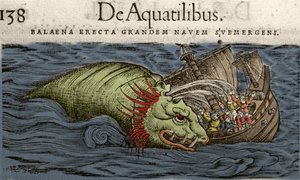 Monstruo marino atacando un barco, ilustración de 