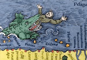 Monstruo marino comiendo a un humano, ilustración de 