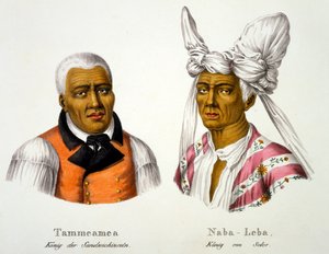 Tammeamea, Rey de las Islas Sandwich, en vestido europeo con Naba-Leba, Rey de Solor, con tocado nativo y vestido europeo, del Estudio etnológico de varios tipos raciales de varios continentes de Swiss School