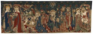 Tapiz dorsal que representa cuatro escenas de la Vida de la Virgen, de Basilea, c.1450-75 (lana e hilos de lino blanco) de Swiss School