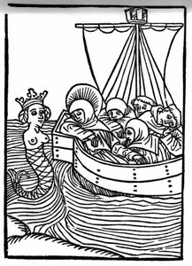 La leyenda de San Brendan (Brandan), héroe y santo irlandés del siglo VI. Todos los monjes se duermen al canto de las sirenas. Grabado de "Die Wunderbare Meerfahrt des Hl. Brandan." Bale