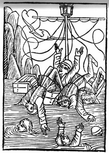 La leyenda de San Brendan (Brandan), héroe y santo irlandés del siglo VI. Los barcos se hunden en el mar de Cleves. Grabado de “Die Wunderbare Meerfahrt des Hl. Brandan”. Bale de Swiss School